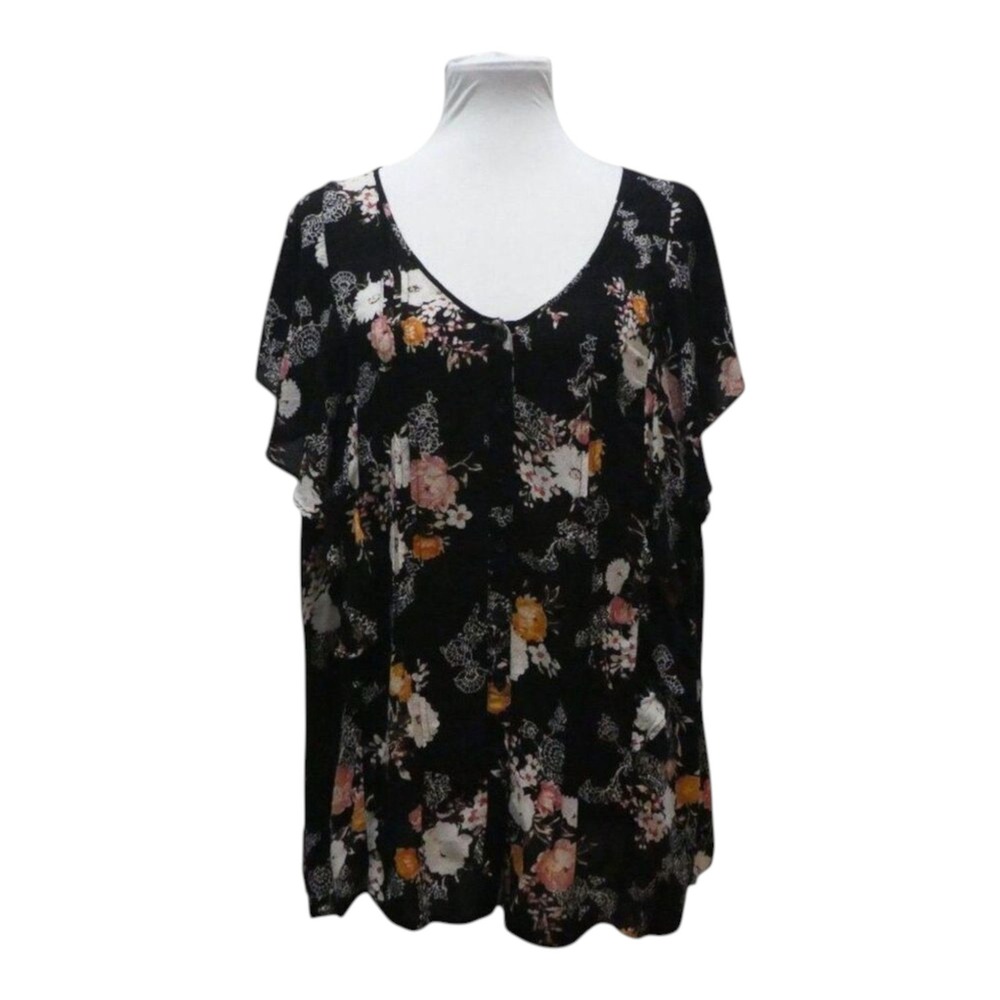 Torrid Floral Flutter Sleeve Blouse Women Size 2X Black Button Front Boho Plus‎